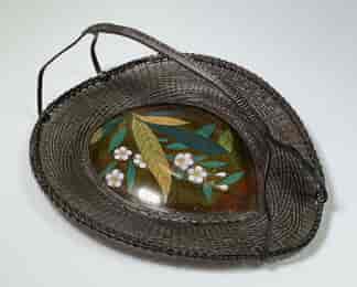 Unusual Japanese Cloisonné & bronze wirework peach-shape basket, c.1900