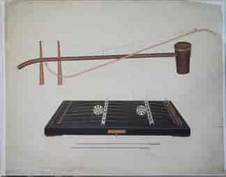 Chinese Export watercolour painting of musical instruments, Erhu + Yangqin, early 19th century