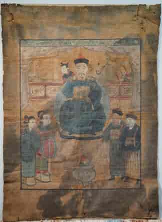 Chinese painting on linen, Dignitary holding Court, 19th c.