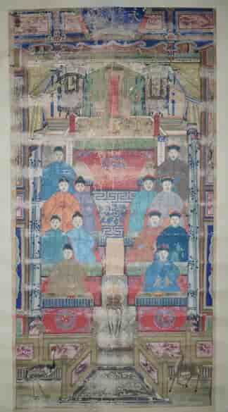 Large Chinese painting 'Ancestor Scroll', family in house, 19th c.