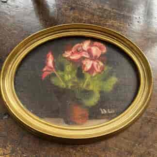 Small Oval Oil painting , vase of geraniums Signed BL 20th C