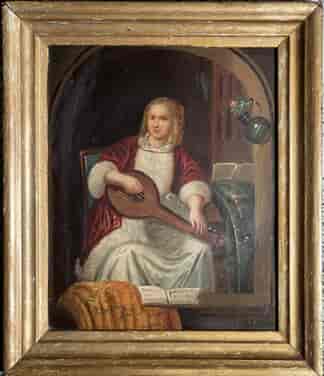 Dutch oil on tin, lute player, early 19th century