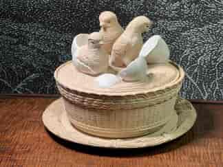 Schiller caneware tureen+stand, chickens hatching from eggs, c. 1860