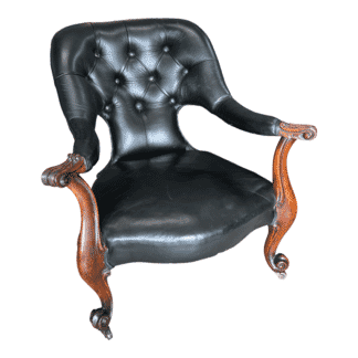 Unusual Victorian Mahogany arm chair, black leather upholstery, c. 1865