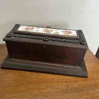 Australian glove box, the cedar lid with carving, inset floral porcelain plaque, c. 1910