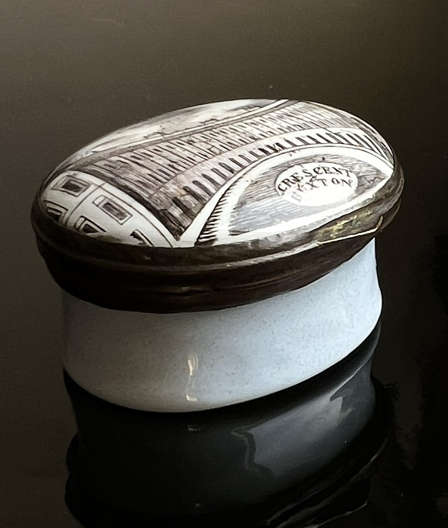 English enamel patch box, 'Crescent Buxton' print, c. 1790