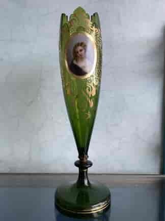 Victorian green glass tall  vase, handpainted enamel portrait C. 1870