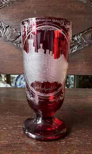 Bohemian Ruby Spa Glass, view of Stolzenfels Castle, c. 1870