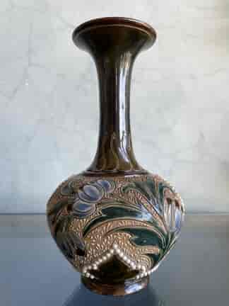 Doulton Lambeth vase with stylised tulips on intricate incised and beaded ground, Circa 1885