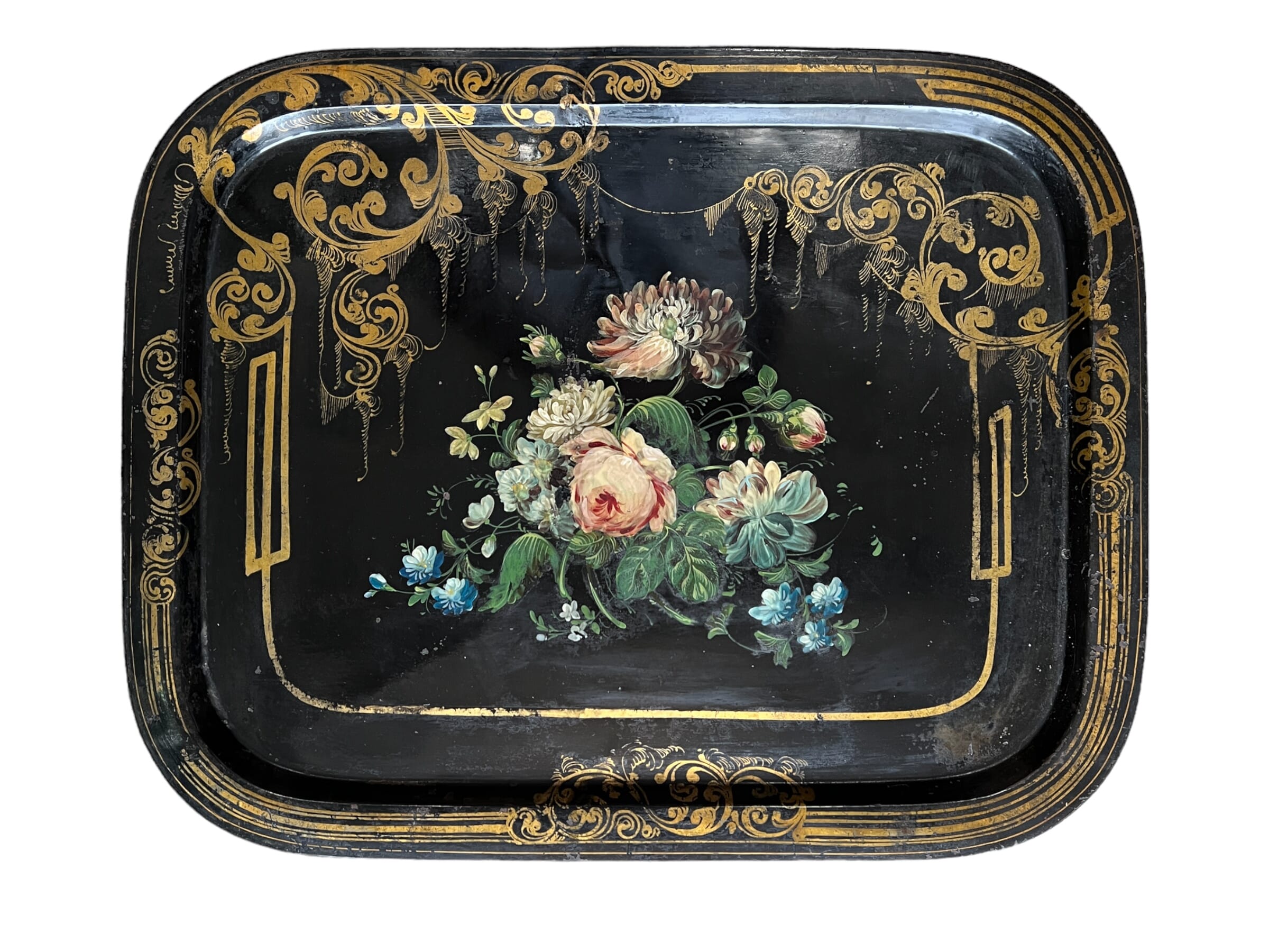 Victorian Antique 1860 Hand Painted Tin Toleware Tray