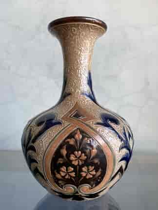 Doulton Lambeth vase with strapwork & ochre slip flower panels, dated 1883