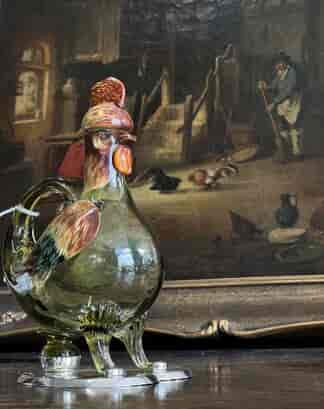 Unusual chicken-form green glass & enameled decanter, Sterling Silver base London 1886