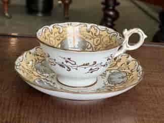 Coalport ‘Adelaide’ shape cup & saucer, gilt on peach ground, pat. 3/271, c 1840