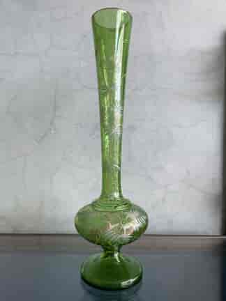 Victorian green glass tall  vase, enamelled flowers C. 1880