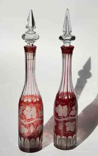 Pair of Ruby Flash grapevine engraved decanters, c. 1870