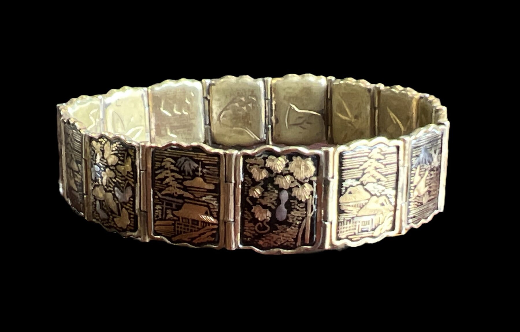 Japanese zogan bracelet, 16 flower/scenic panels, c. 1920