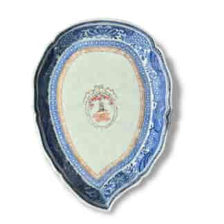Chinese Export leaf-form dish with armorial, WK/RJ & dog head, c. 1780