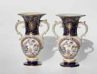 Rare Masons Ironstone twin-handled vases, clobbered Chinoiserie scenes & cobalt with insects, c.1830