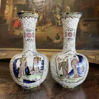 Pair of Hancock & Sons 'Corona Ware' vases with Chinoiserie prints, c.1920
