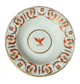 Derby Armorial soupplate, red dove with leaf, c. 1800