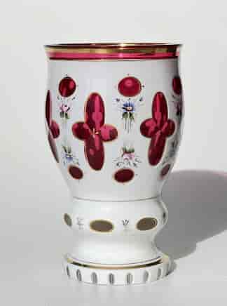 Bohemian ruby overlay heavy goblet, enameled flowers, c. 1870