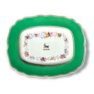 Chamberlain's Worcester armorial meat platter, green border with flowers & goat crest, c.1830