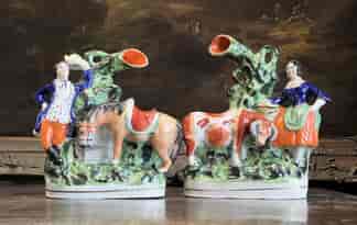 Pair of Staffordshire figural spills, Man & Horse + Lady & Cow, c. 1860