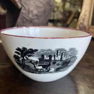 English bat-print porcelain bowl, English countryside scenes, pink lustre rim c. 1800