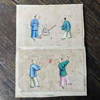 Pair of small Chinese pith paintings, flower seller & fireworks, mid 19th century
