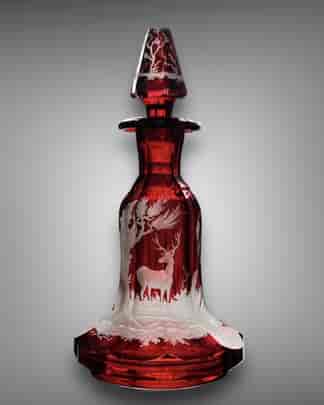 Bohemian ruby flash perfume bottle, landscape with deer engraved c.1860