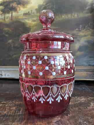 Victorian ruby glass biscuit jar, circa 1890