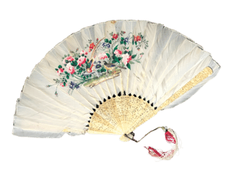 Chinese white feather fan, fine Birds & Flowers painting, intricate carved ivory ends, c. 1820