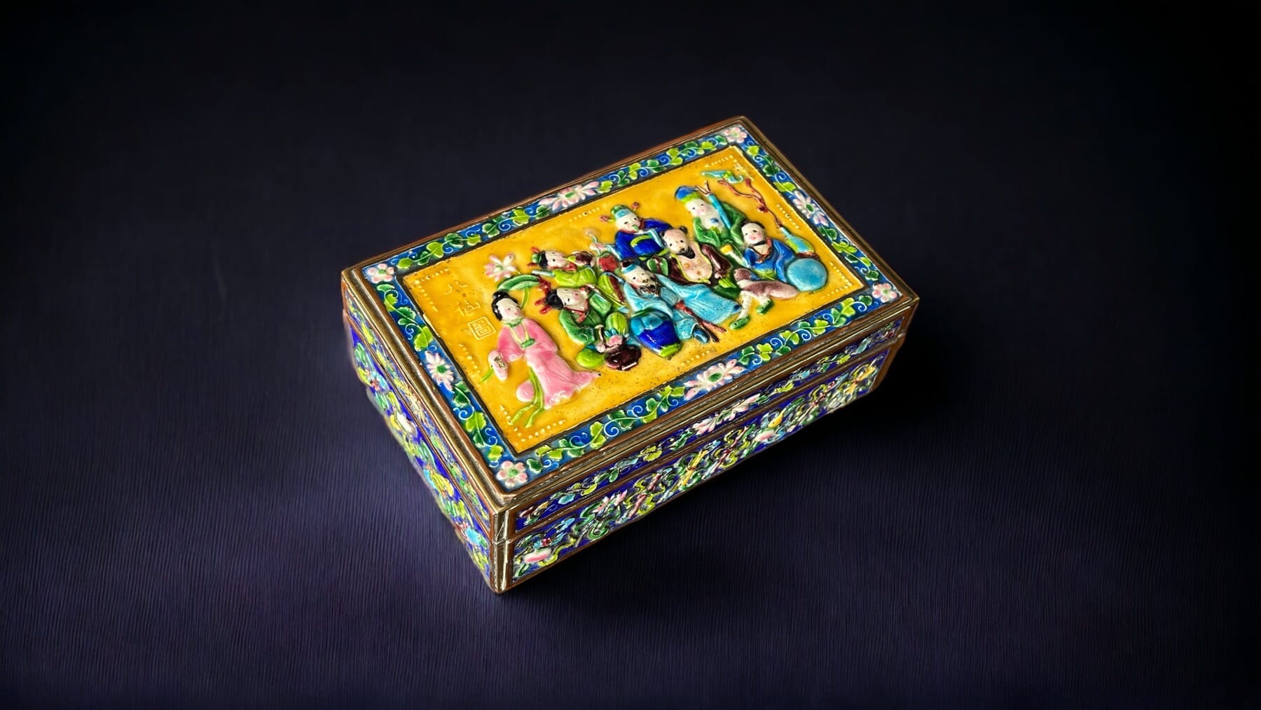 Chinese enamel on silver & copper box, 8 immortals,  c.1900