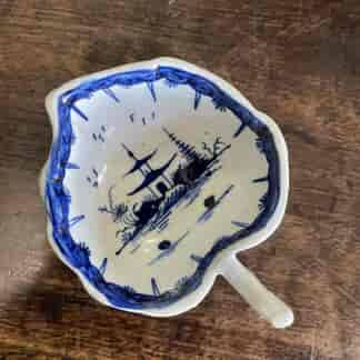 Derby blue and white butter boat, leaf form , Chinese landscape, c. 1765