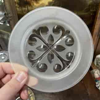 Victorian frosted glass plate, foliate cross engraving, c. 1880.