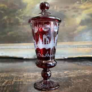 Small bohemian ruby flash spa glass + cover, landscape engraved c.1860
