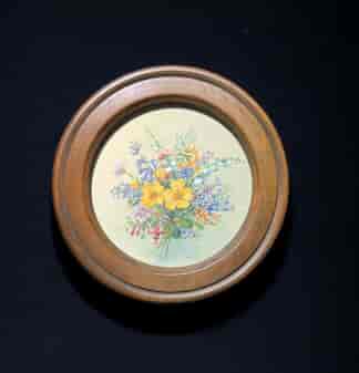 Fine watercolour of garden flowers, round frame, earlier 20th century
