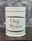 18th century French tin glaze apothecary jar, Ong. Styrax, c.1780