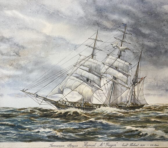 Watercolour- 'Tasmanian Barque "Harriet McGregor" -built Hobart 1870" by Warwick A. Andrews, 1974' 