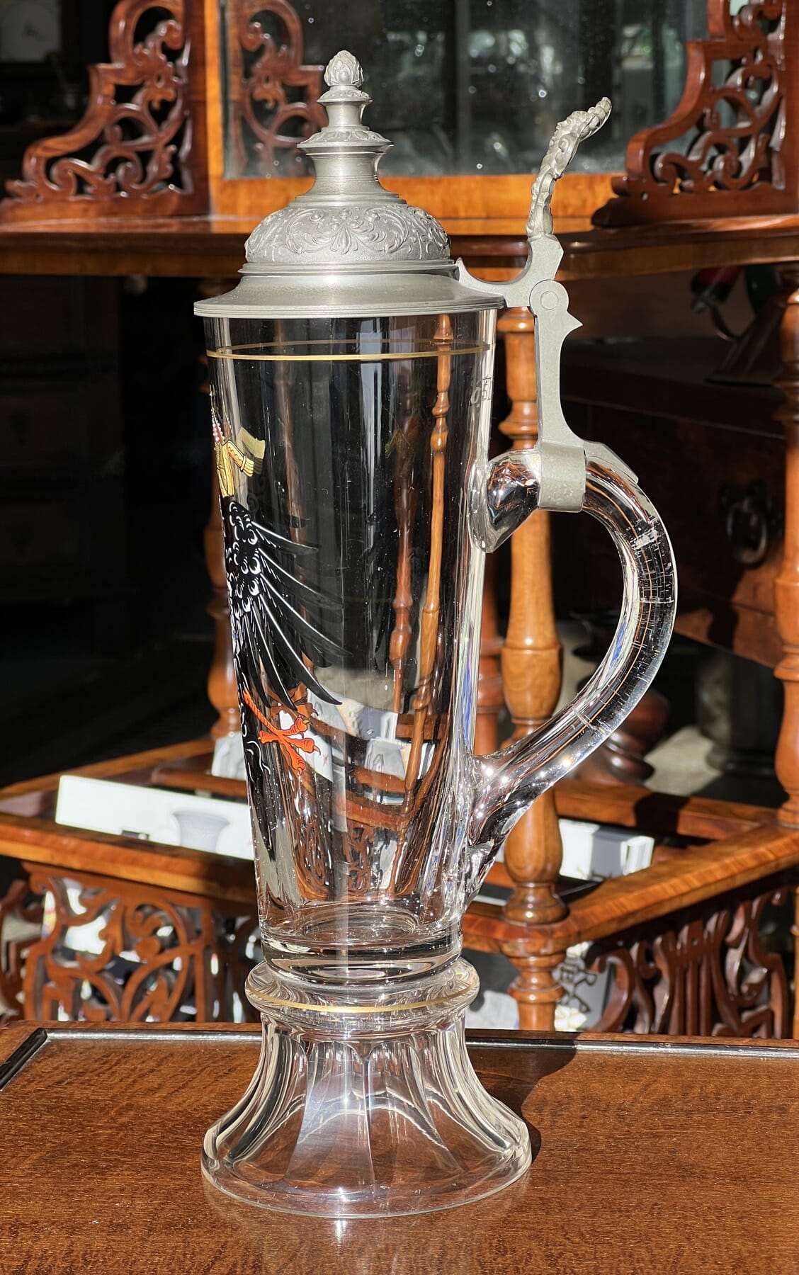 German glass stein, heraldic eagle, pewter lid, C.1910