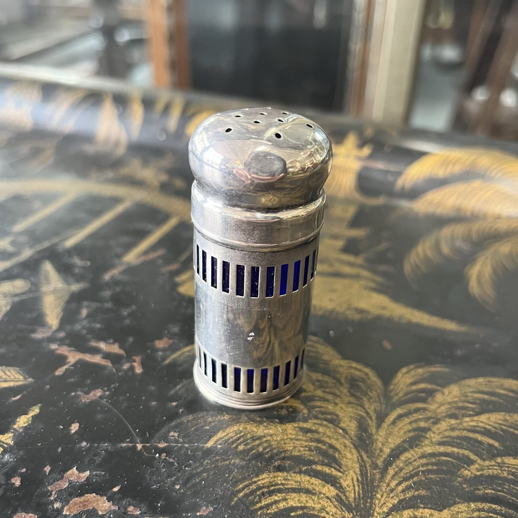 Sterling silver salt shaker blue glass liner