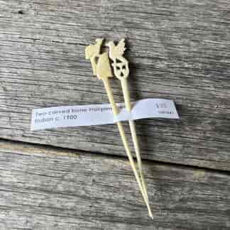 Two carved bone hairpins, birds, Indian c. 1900
