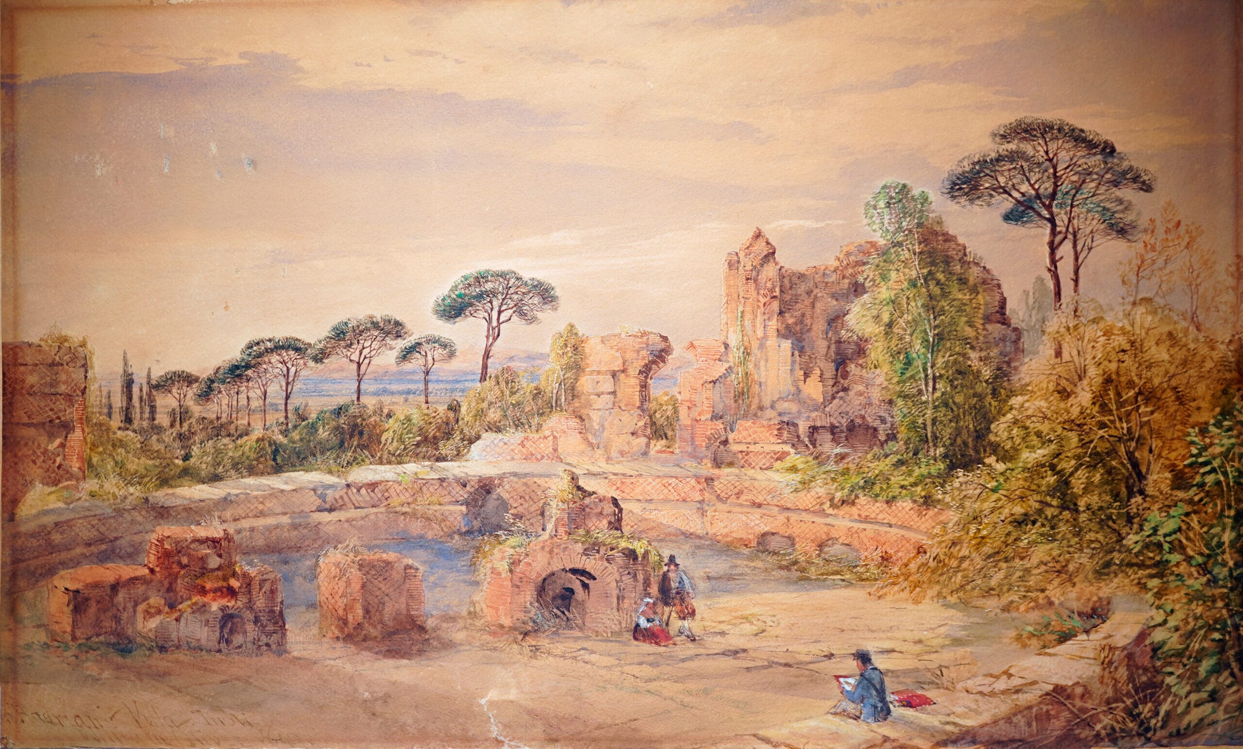 William Oliver - Hadrian's Villa, signed & dated 1849. Note the self-portrait of the artist sketching in the foreground.