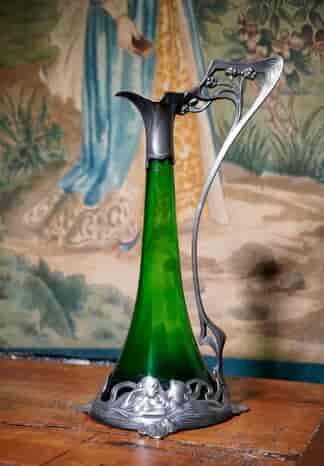 WMF Art Nouveau Claret Jug, green glass with plated pewter mounts C. 1900