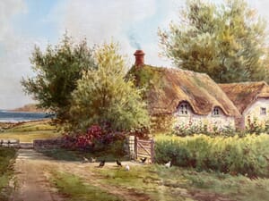 Arnold Jarvis (1881-1951) watercolour, English thatch cottage & steamship, c. 1910