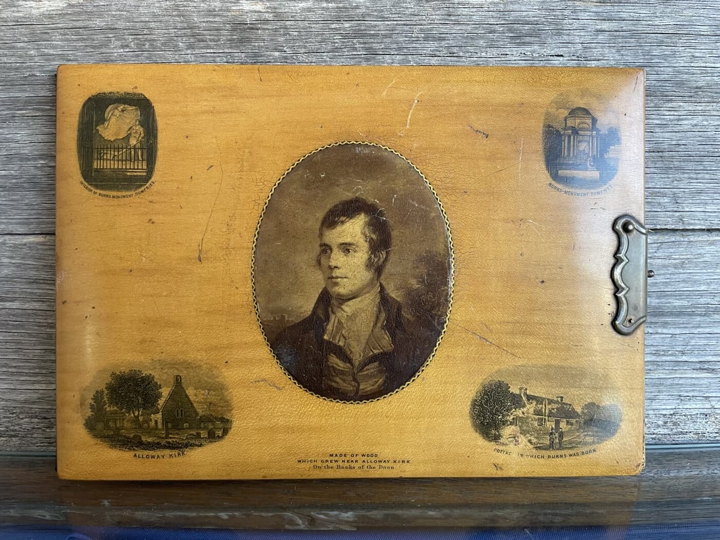 Robbie Burns Mauchline ware blotter cover, 6 Burns images, c. 1870