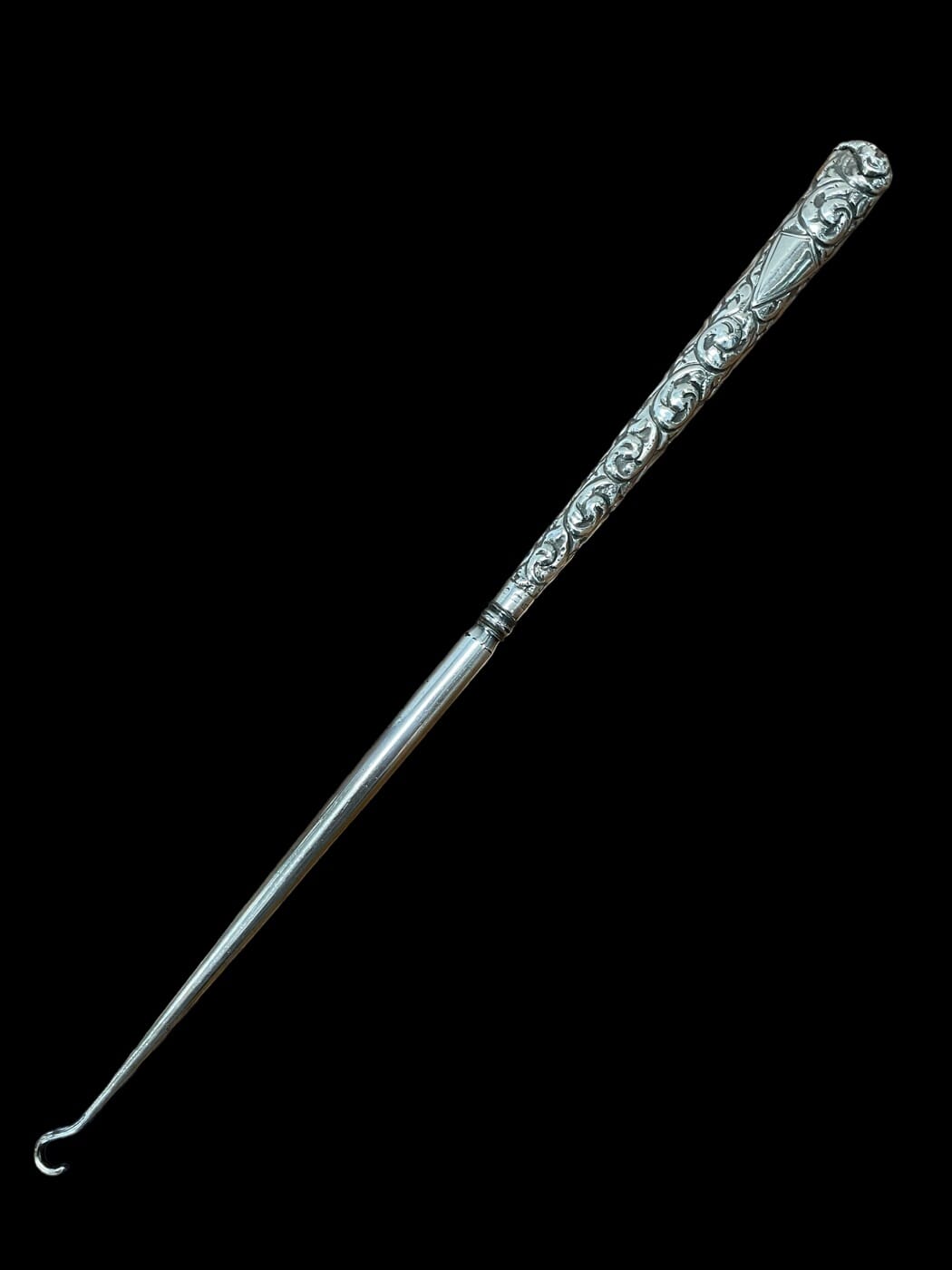 Victorian silver-handled extra long button hook, 1892