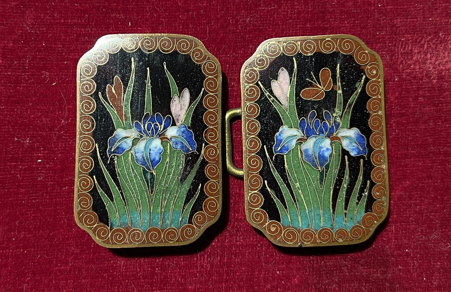 Japanese cloisonne buckle, Iris, c. 1900