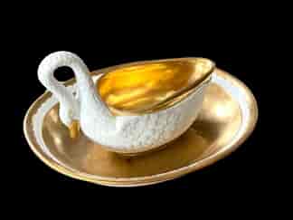Samson of Paris bisque & gilt swan-form sauceboat, Dagoty mark, c.1880