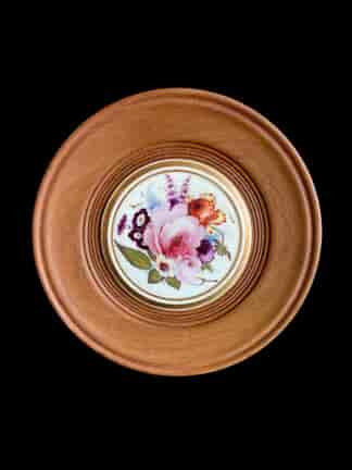 English porcelain box lid, flower painted, in NZ Rimu frame, c. 1825